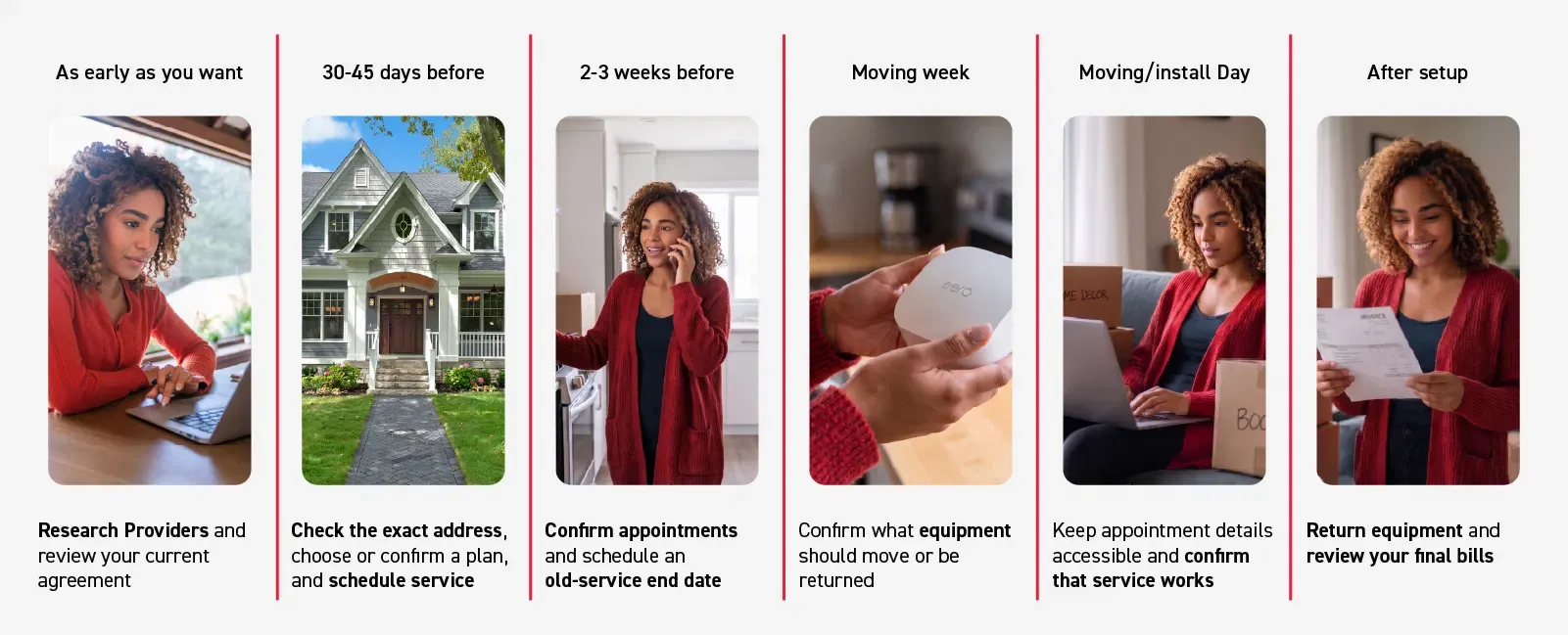A six-step timeline detailing how to manage internet service when moving, covering tasks from initial provider research to reviewing final bills after setup.
